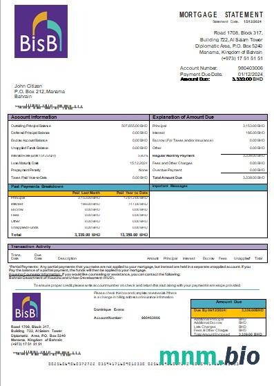 Bahrajn Bank BISB wyciąg z kredytu hipotecznego szablon Word i PDF